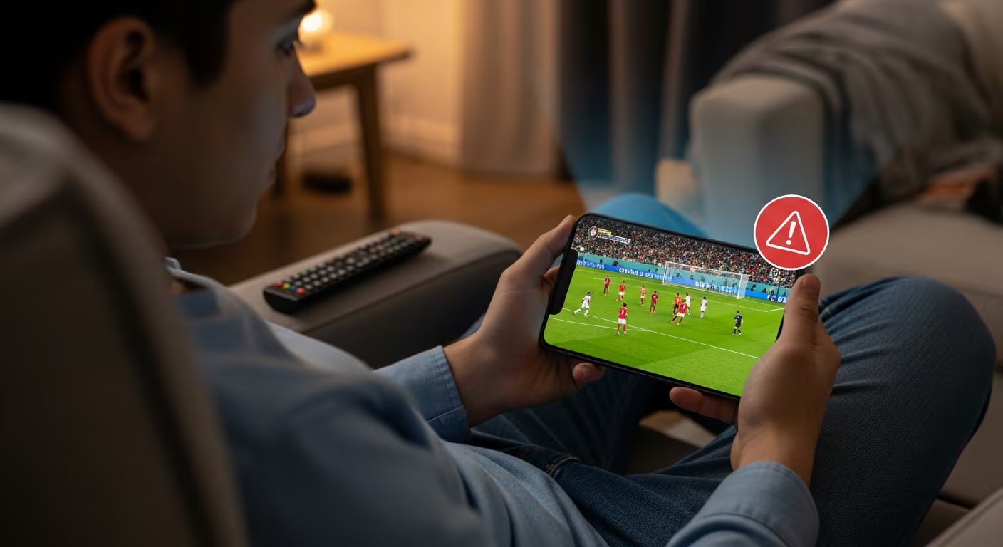 La imagen muestra a una persona que ve un partido del Mundial 2026 en su teléfono celular desde un sillón, mientras en la pantalla aparece un ícono de advertencia. (Imagen Ilustrativa Infobae)