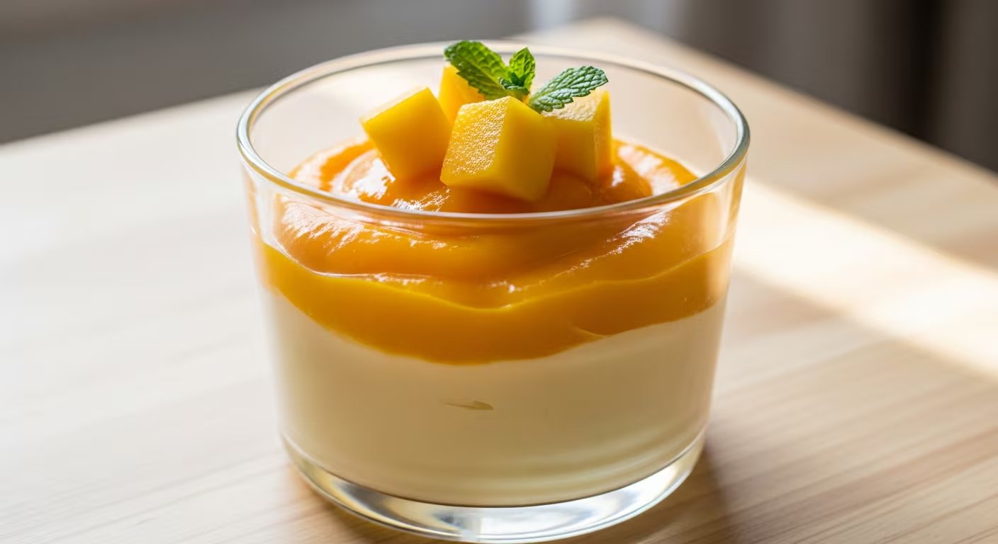 El postre de mango admite variaciones con cubos de fruta, semillas, frutos secos o coco rallado, y se decora con hojas de menta. - (Imagen Ilustrativa Infobae)
