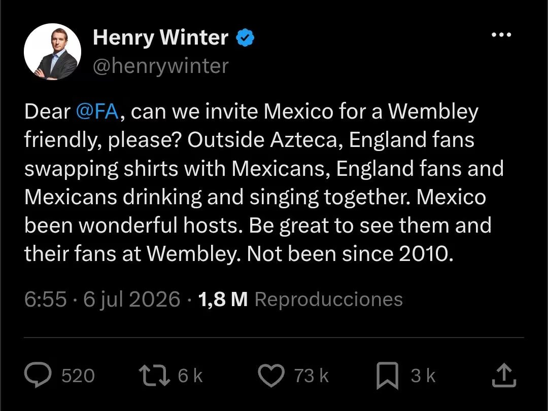 La solicitud de un sector de la prensa inglesa para organizar un nuevo partido entre México e Inglaterra en el estadio Wembley surge tras el reciente enfrentamiento entre ambas selecciones en la Copa del Mundo 2026 (Captura de pantalla)