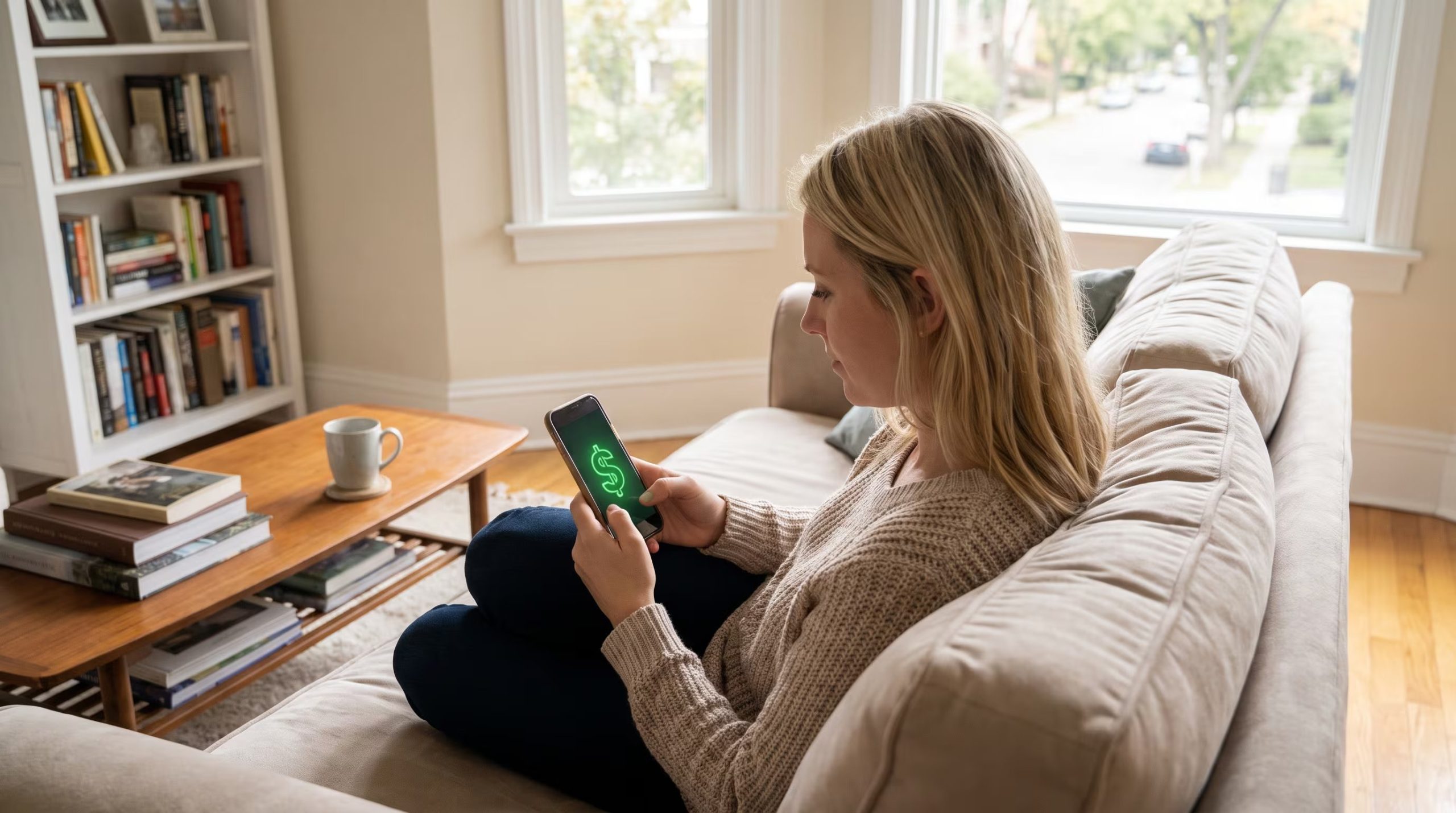 Una mujer consulta su teléfono móvil que muestra un signo de dólar verde brillante mientras está sentada en el sofá de su sala. (Imagen Ilustrativa Infobae)