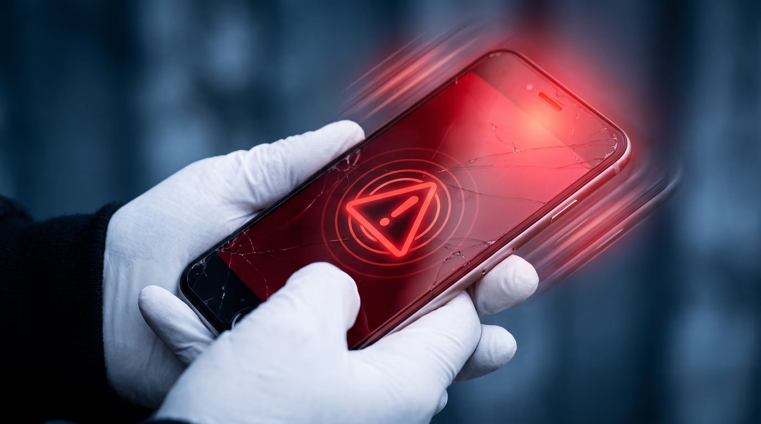 Unas manos con guantes blancos sujetan un celular con la pantalla rota que muestra una alerta sísmica roja y un efecto de vibración. (Imagen Ilustrativa Infobae)
