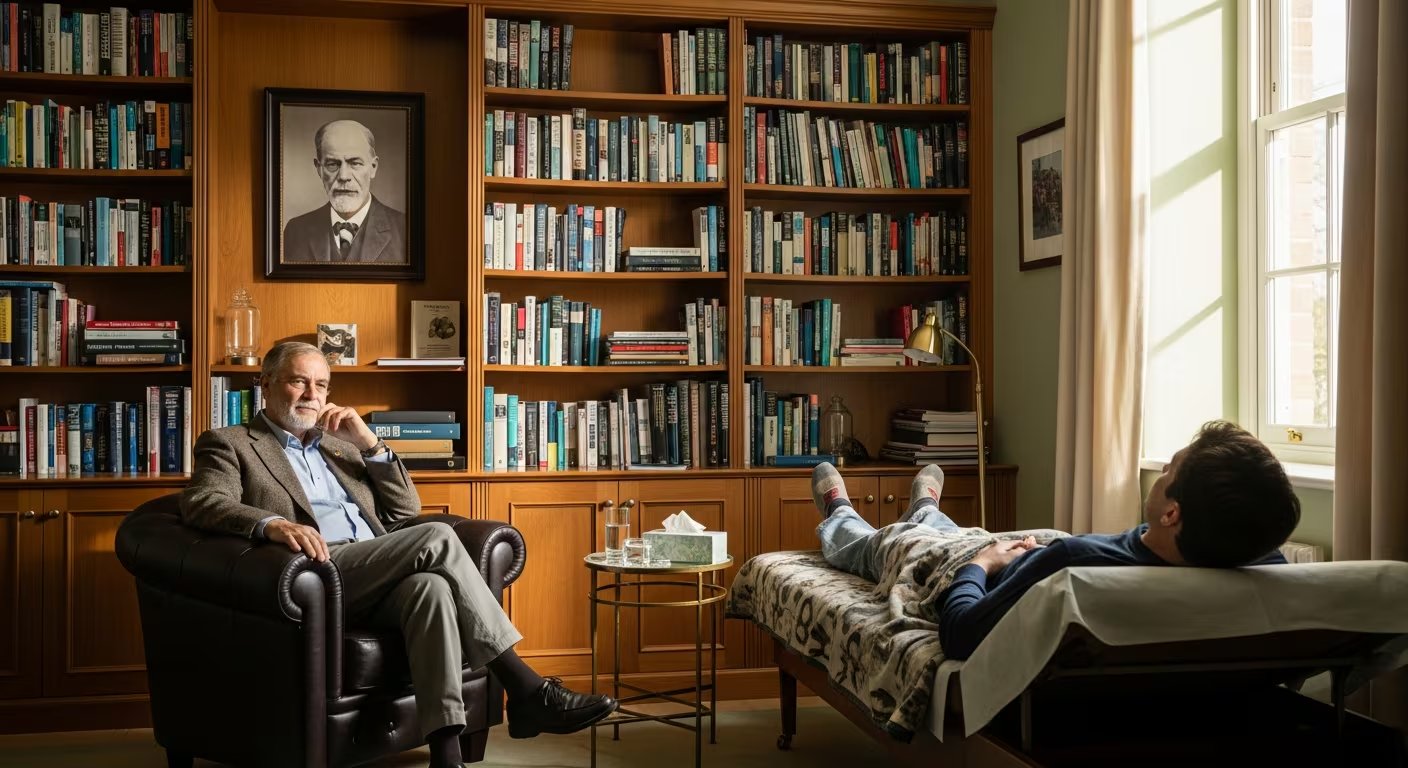 Un terapeuta escucha atentamente a su paciente recostado en un diván durante una sesión de psicoanálisis en un consultorio clásico con una biblioteca y un retrato de Sigmund Freud de fondo. (Imagen Ilustrativa Infobae)