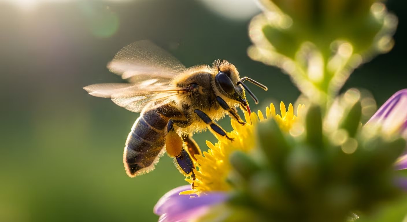 En la imagen, una abeja recolecta polen de una flor bajo la luz del sol, desempeñando un papel crucial en la polinización y la biodiversidad. Las abejas son fundamentales para la producción alimentaria y el equilibrio ambiental. (Imagen Ilustrativa Infobae)