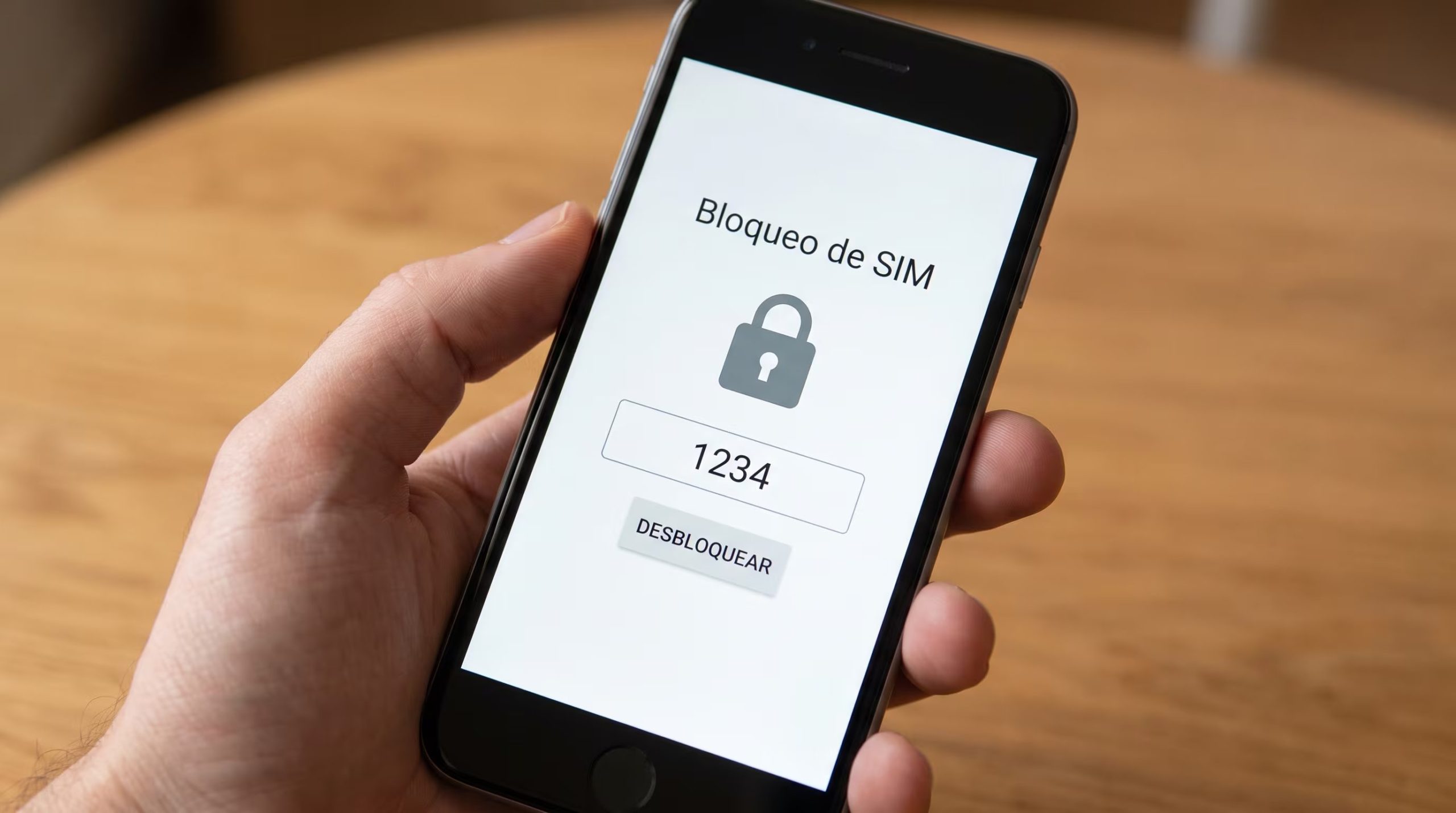 Una persona sostiene un teléfono móvil con la pantalla de bloqueo de SIM activa, indicando un código de cuatro dígitos para desbloquear. (Imagen Ilustrativa Infobae)