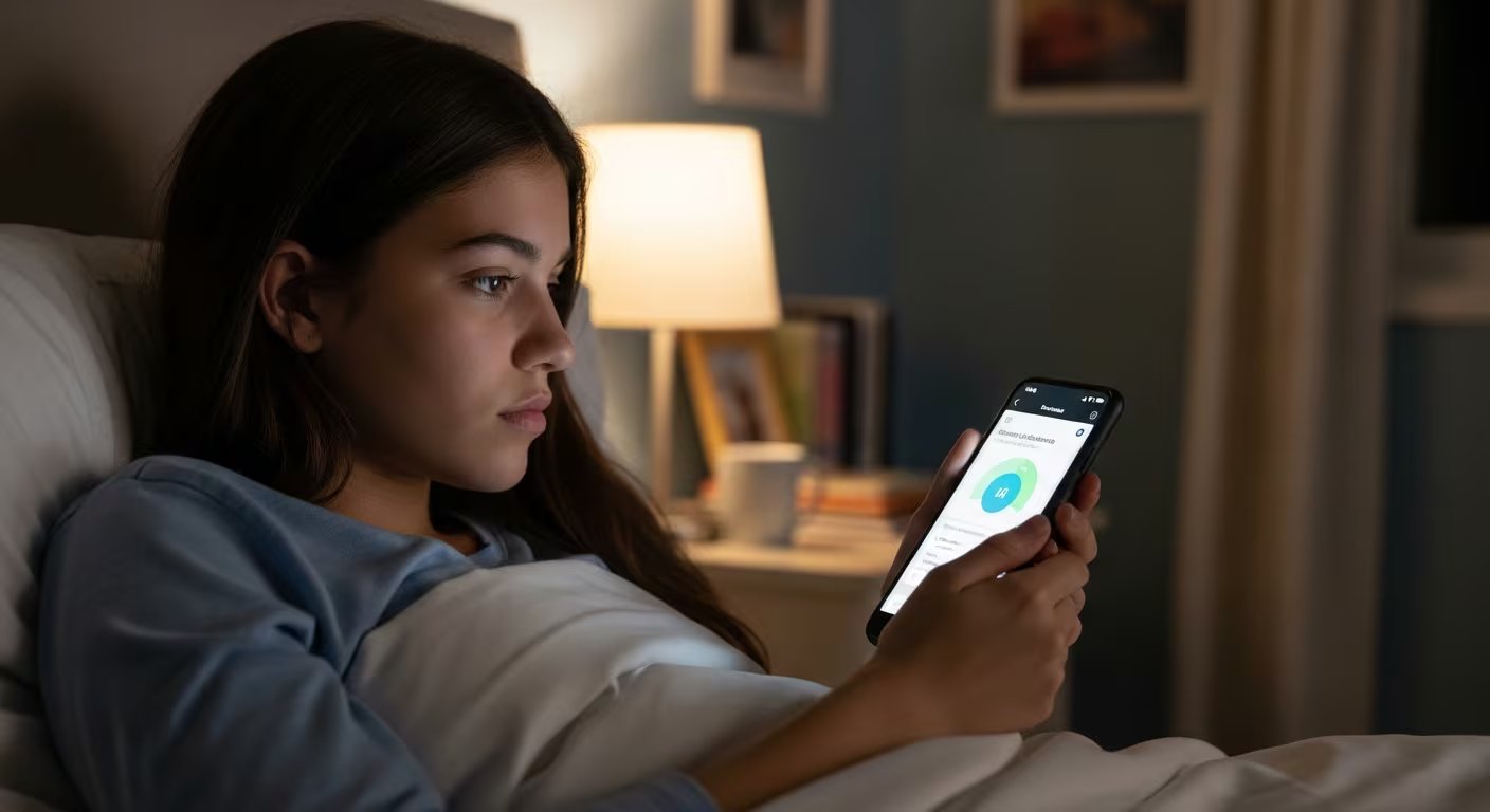 Una adolescente argentina recostada en su cama por la noche examina una aplicación de monitoreo de sueño o ritmo cardíaco en su teléfono. (Imagen Ilustrativa Infobae)