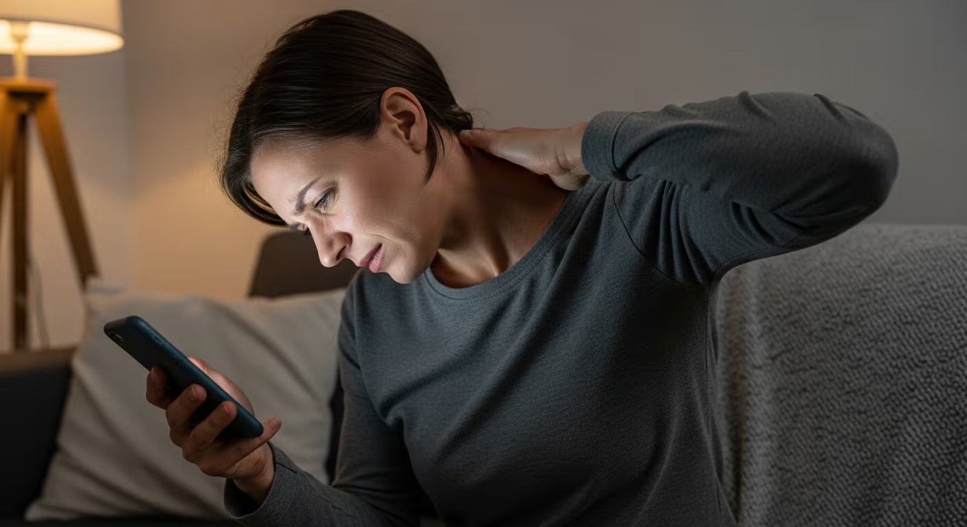 El uso prolongado del celular con la cabeza inclinada refuerza pliegues horizontales en el cuello y hace que esas líneas se fijen con el tiempo. (Imagen Ilustrativa Infobae)