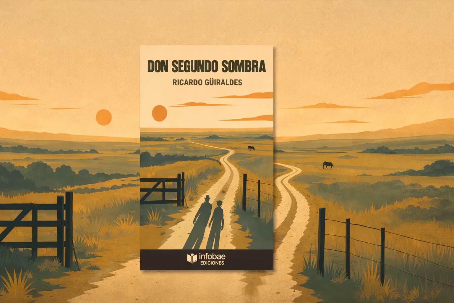 Una representación del libro Don Segundo Sombra de Ricardo Güiraldes se integra en un paisaje rural con un camino de tierra, vallas y dos figuras caminando. (Imagen Ilustrativa Infobae)