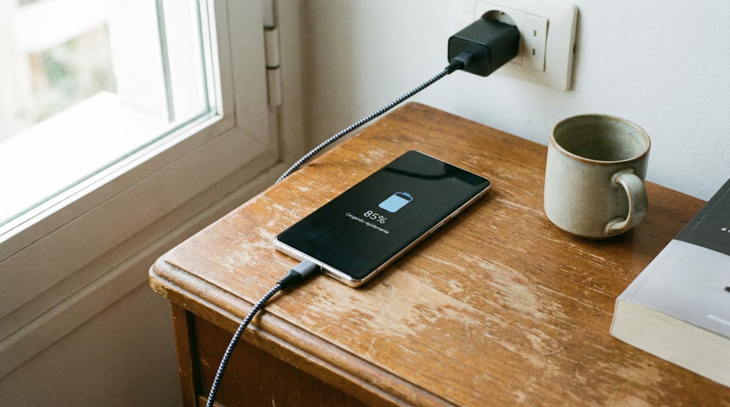 Un celular moderno se carga rápidamente, mostrando un 85% de batería, sobre una mesa de madera rústica al lado de una ventana, reflejando la dependencia tecnológica actual. (Imagen Ilustrativa Infobae)