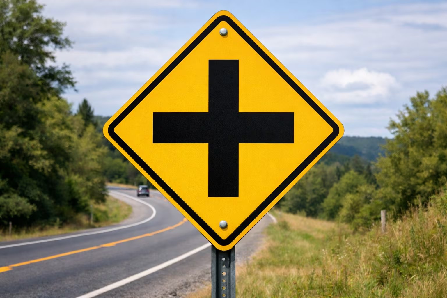 Una señal de tráfico que indica un cruce se ubica al lado de una carretera rural, con un vehículo circulando a lo lejos y un fondo arbolado. (Imagen Ilustrativa Infobae)