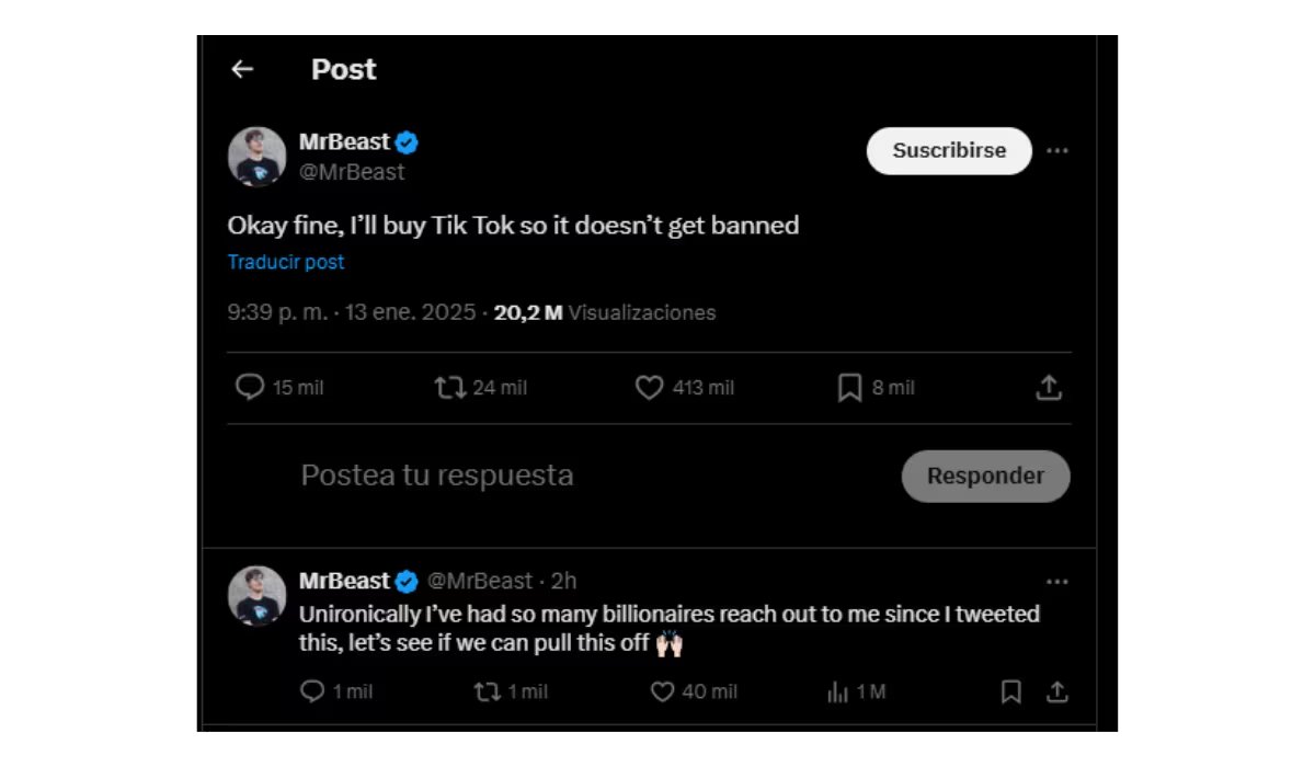 Cuando TikTok enfrentó un posible veto en Estados Unidos en enero de 2025, Donaldson se postuló públicamente como comprador. (X: MrBeast)