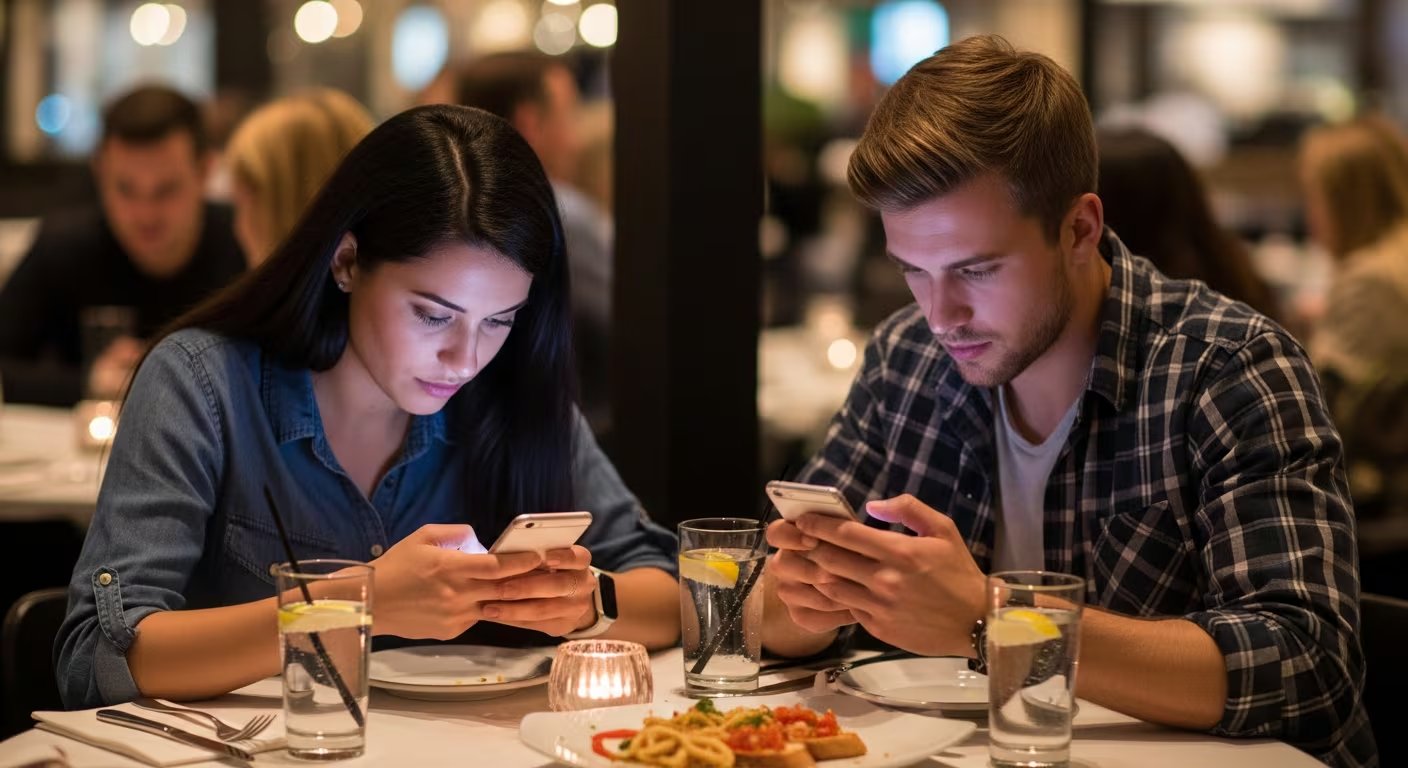 Una pareja joven en una cena de restaurante se enfoca en sus teléfonos móviles, dejando la comida y bebida a un lado. (Imagen Ilustrativa Infobae)
