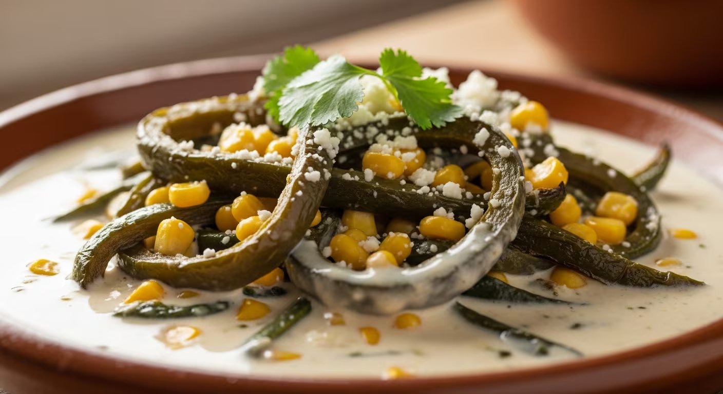 La receta de rajas con crema y elote funciona como guarnición o como plato principal con tortillas, arroz o frijoles. - (Imagen Ilustrativa Infobae)