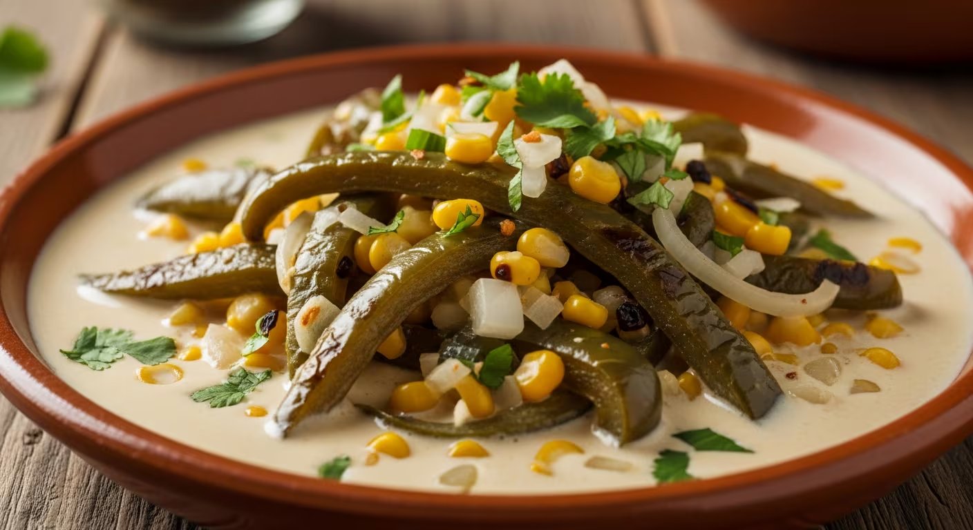 Las rajas con crema y elote se usan como relleno de tacos, quesadillas o burritos, y se acompañan con arroz blanco, salsa mexicana o limón. - (Imagen Ilustrativa Infobae)