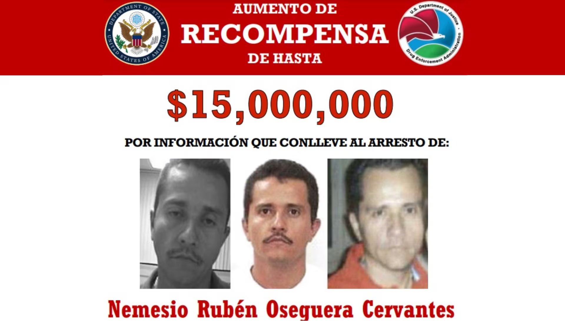 Foto de la recompensa por El Mencho. (DEA/Departamento de Estado de Estados Unidos)