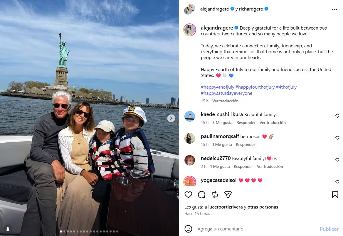 Richard Gere y Alejandra Silva celebraron el 4 de Julio en Nueva York junto a sus hijos después del regreso de la familia a Estados Unidos tras su etapa en Madrid (Instagram/@richardgere)