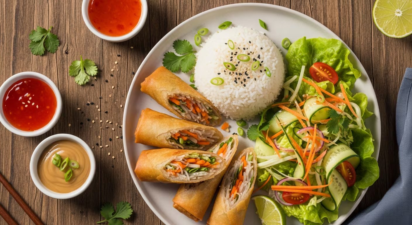 La receta de rollitos de primavera con arroz blanco y ensalada fresca arma un menú completo para comida familiar o reunión con amigos. (Imagen Ilustrativa Infobae)