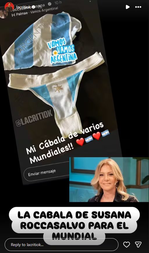 Susana Roccasalvo mostró la bombacha con los colores de la bandera argentina y un sol bordado, parte de su cábala para el Mundial de fútbol