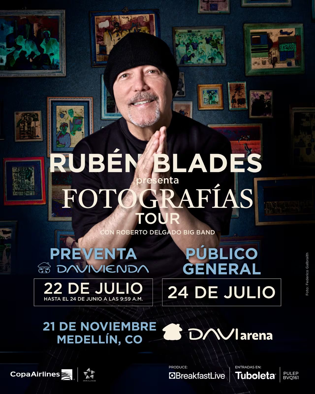Rubén Blades llevará el 'Fotografías Tour' a Medellín el 21 de noviembre de 2026 en la DaviArena. La boletería saldrá a la venta a partir del 22 de julio - crédito cortesía Breakfast Live
