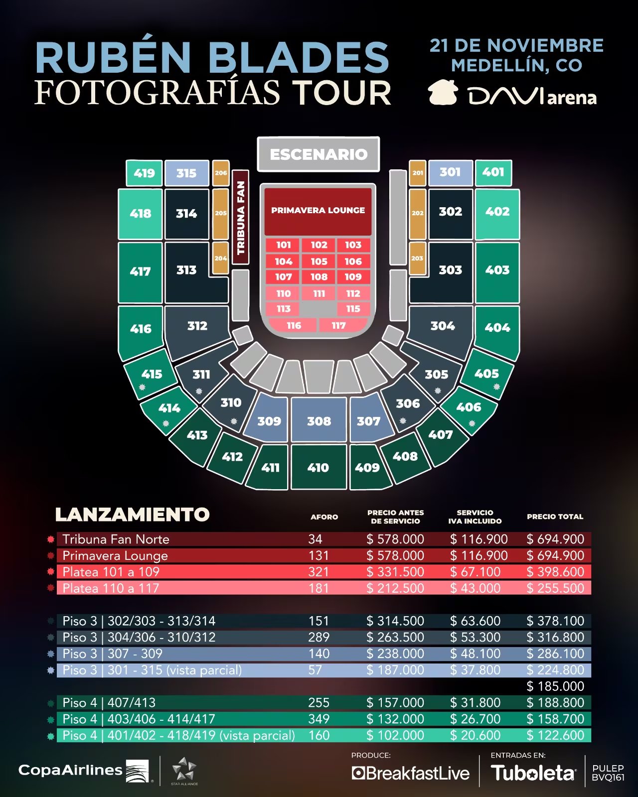 Tuboleta habilitó un preregistro que dará prioridad en la fila virtual para comprar boletería del concierto de Rubén Blades en Medellín - crédito cortesía Breakfast Live