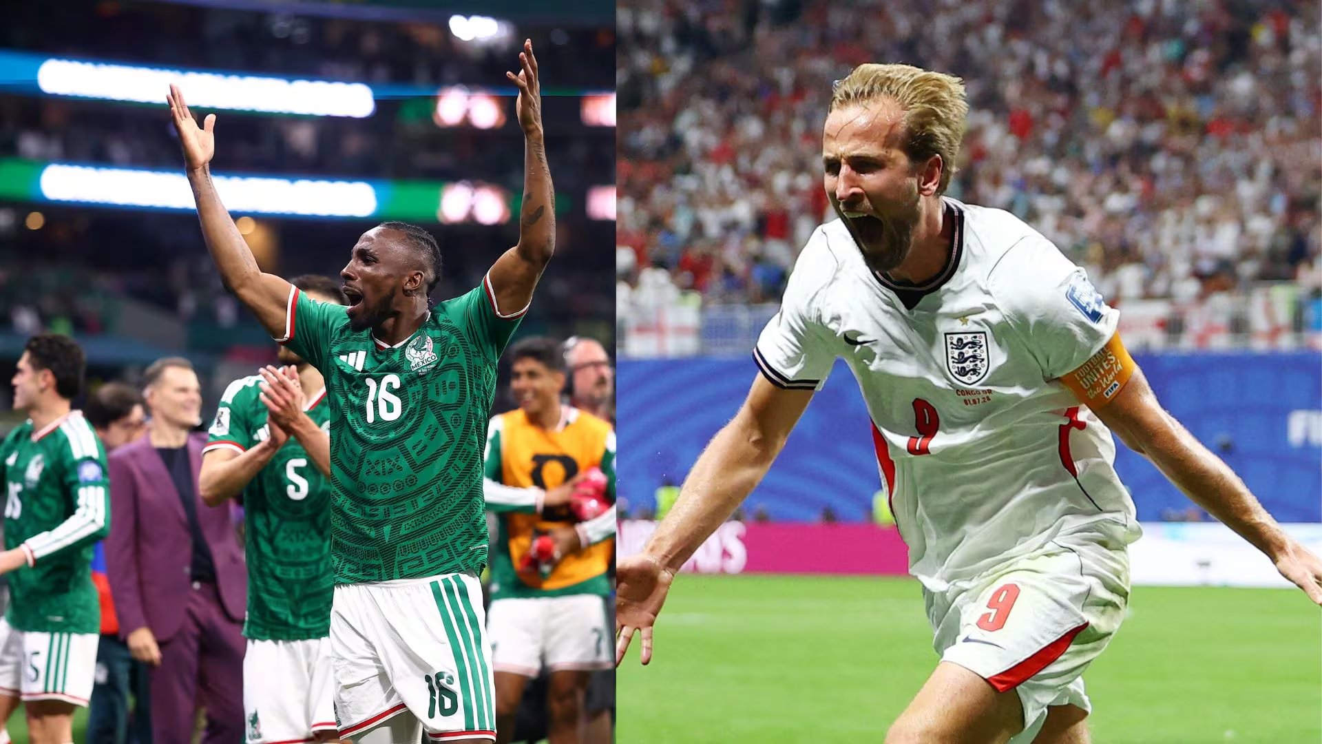 Dos futbolistas, Harry Kane de Inglaterra y un jugador de la selección mexicana, celebran con gestos de euforia en distintos partidos. (Fotocomposición Infobae)