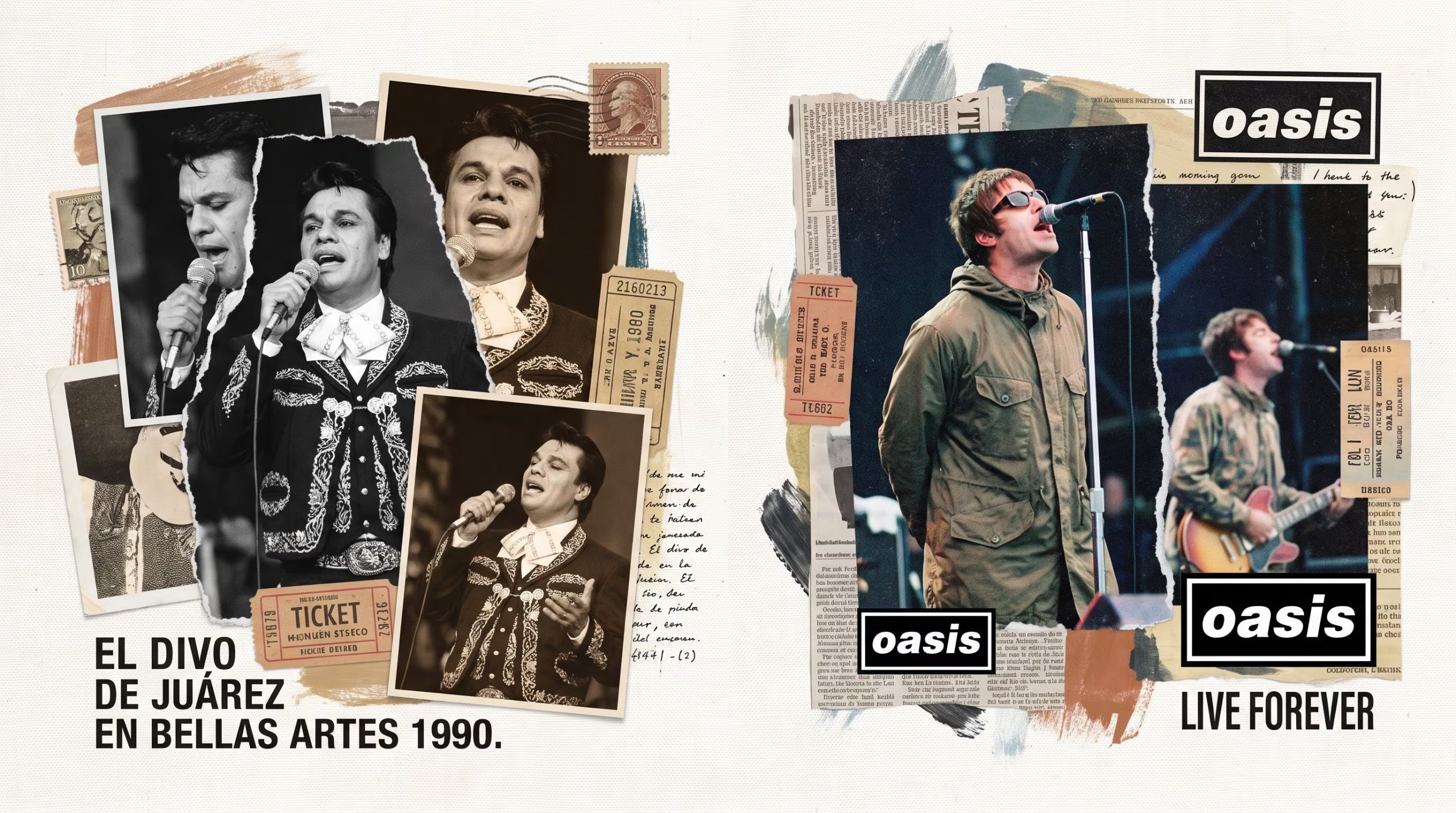 Un collage artístico yuxtapone fotografías de Juan Gabriel durante su concierto en Bellas Artes en 1990 con imágenes de Liam Gallagher de Oasis en un escenario. (Imagen Ilustrativa Infobae)