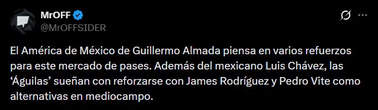 América de México se interesaría en James Rodríguez, aunque por ahora no tendría acercamientos - crédito @MrOFFSIDER/X