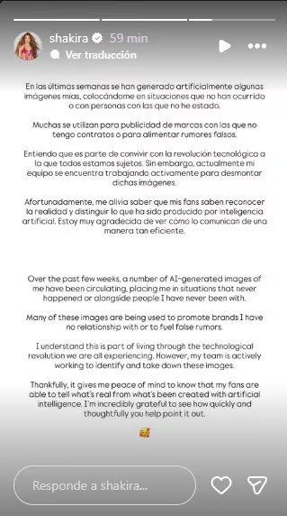 La cantante anunció que su equipo de trabajo ya estaba en marcha para borrar de circulación las imágenes falsas que la involucran - crédito @shakira/Instagram