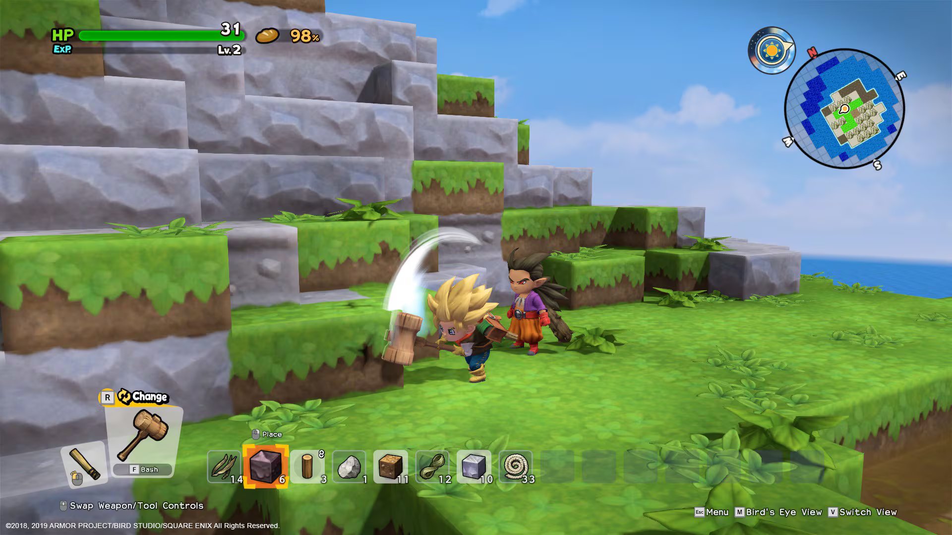 Dragon Quest Builders 2 combina construcción e historia y propone reconstruir pueblos con un sistema de planos que guía la colocación de bloques.