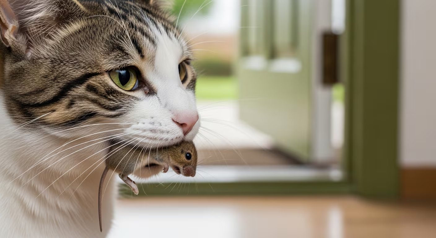 Un gato doméstico sostiene un pequeño ratón marrón en su boca. (Imagen Ilustrativa Infobae)