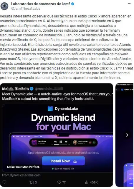Jamf Threat Labs publicó una alerta sobre anuncios patrocinados fraudulentos en X que instalan software espía para usuarios de macOS, aprovechando un diseño similar a la Dynamic Island. (Foto: X)