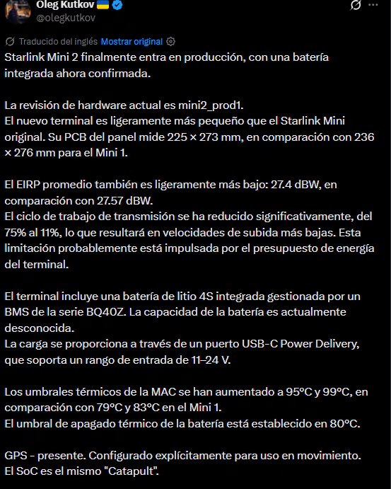El filtrador Oleg Kutkov dio detalles de lo que sería la Starlink Mini 2.