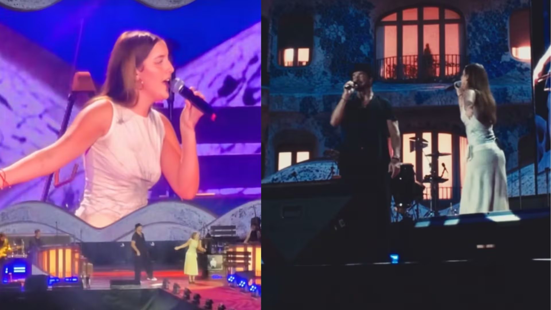 Abril Zignago se presenta junto a Ricardo Arjona en su concierto de Lima, mostrando a la cantante en primer plano y a ambos artistas en el escenario.