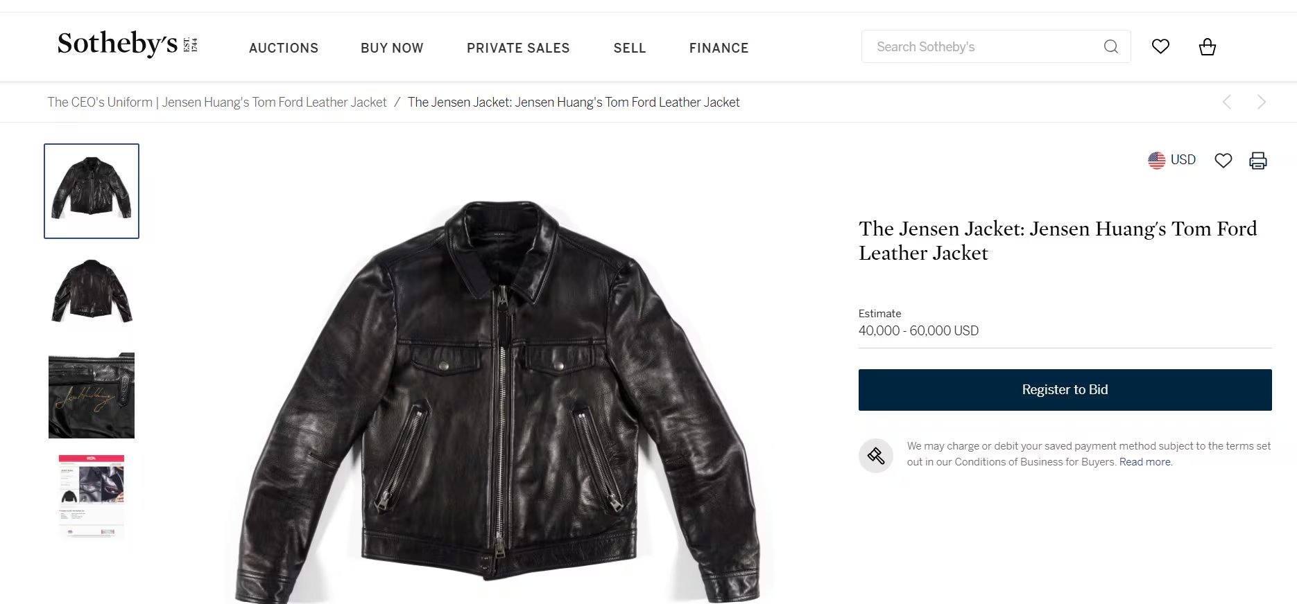 La prenda, diseñada por Tom Ford y autografiada por Huang, ya recibe ofertas. (Sotheby's)