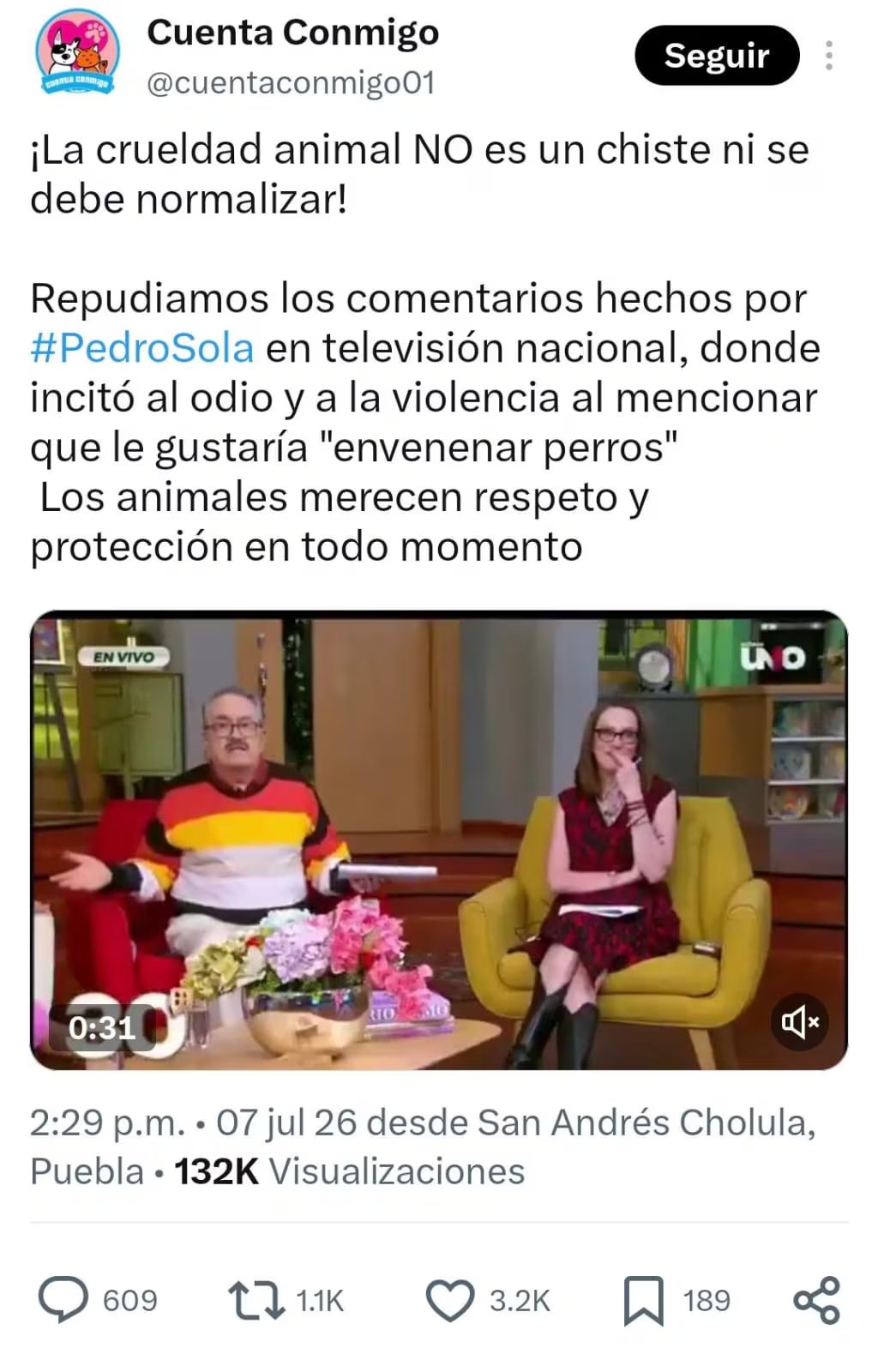 Una publicación de la cuenta Cuenta Conmigo critica los comentarios de Pedro Sola sobre 