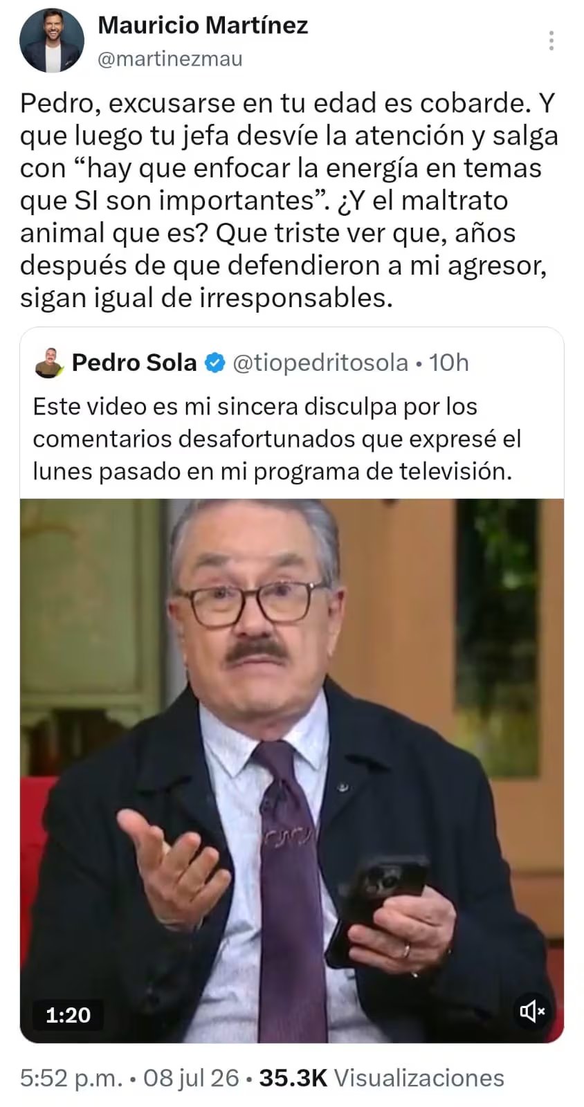 Una captura de pantalla muestra la crítica del actor Mauricio Martínez a Pedro Sola y una disculpa de Sola en un hilo de X (anteriormente Twitter) sobre comentarios desafortunados. (X)