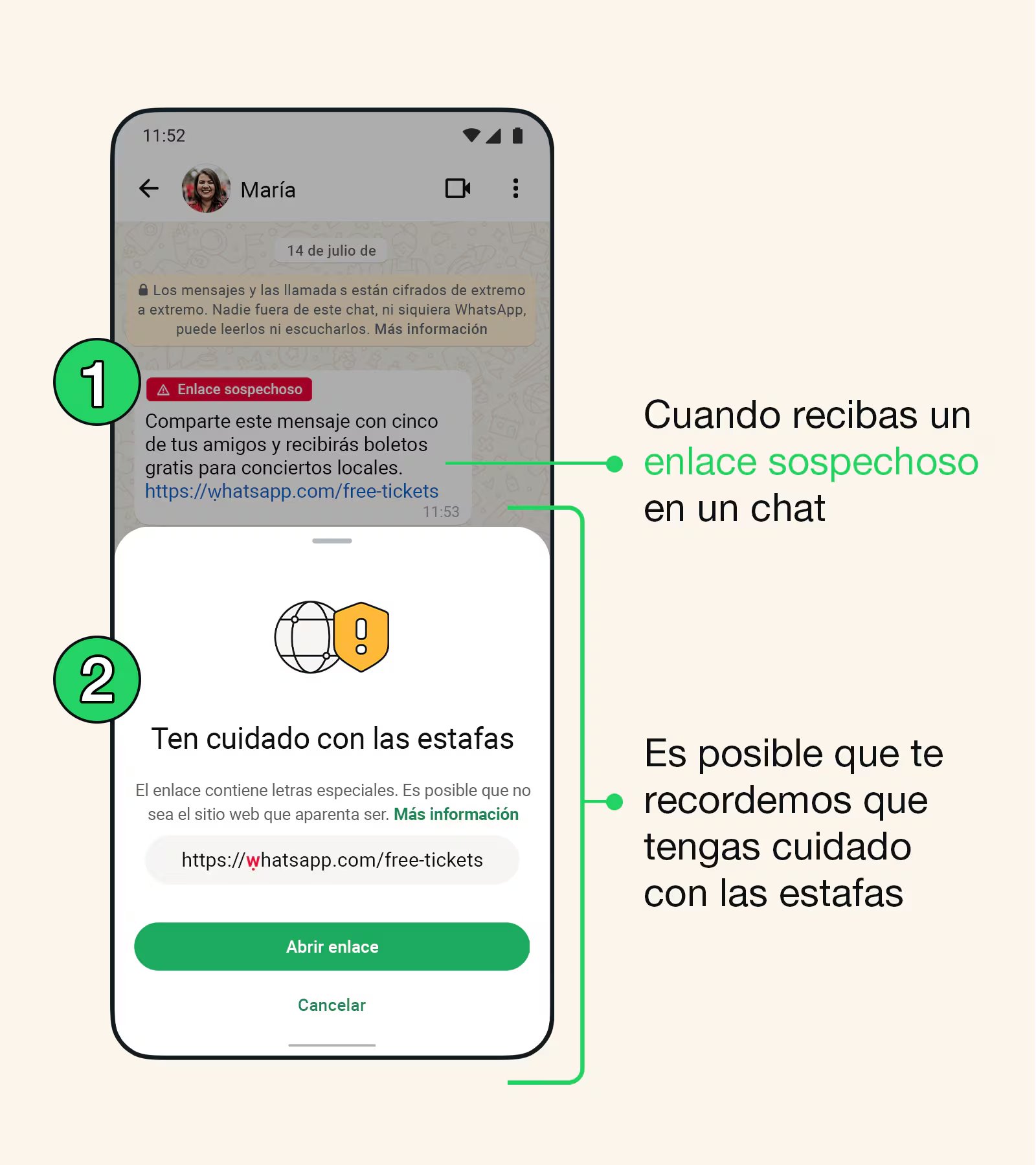 Al tocar, la plataforma puede resaltar la letra reemplazada en un aviso emergente, una pista clave para detectar suplantación antes de abrir, ya que una diferencia mínima en el dominio cambia por completo el destino del enlace - Meta