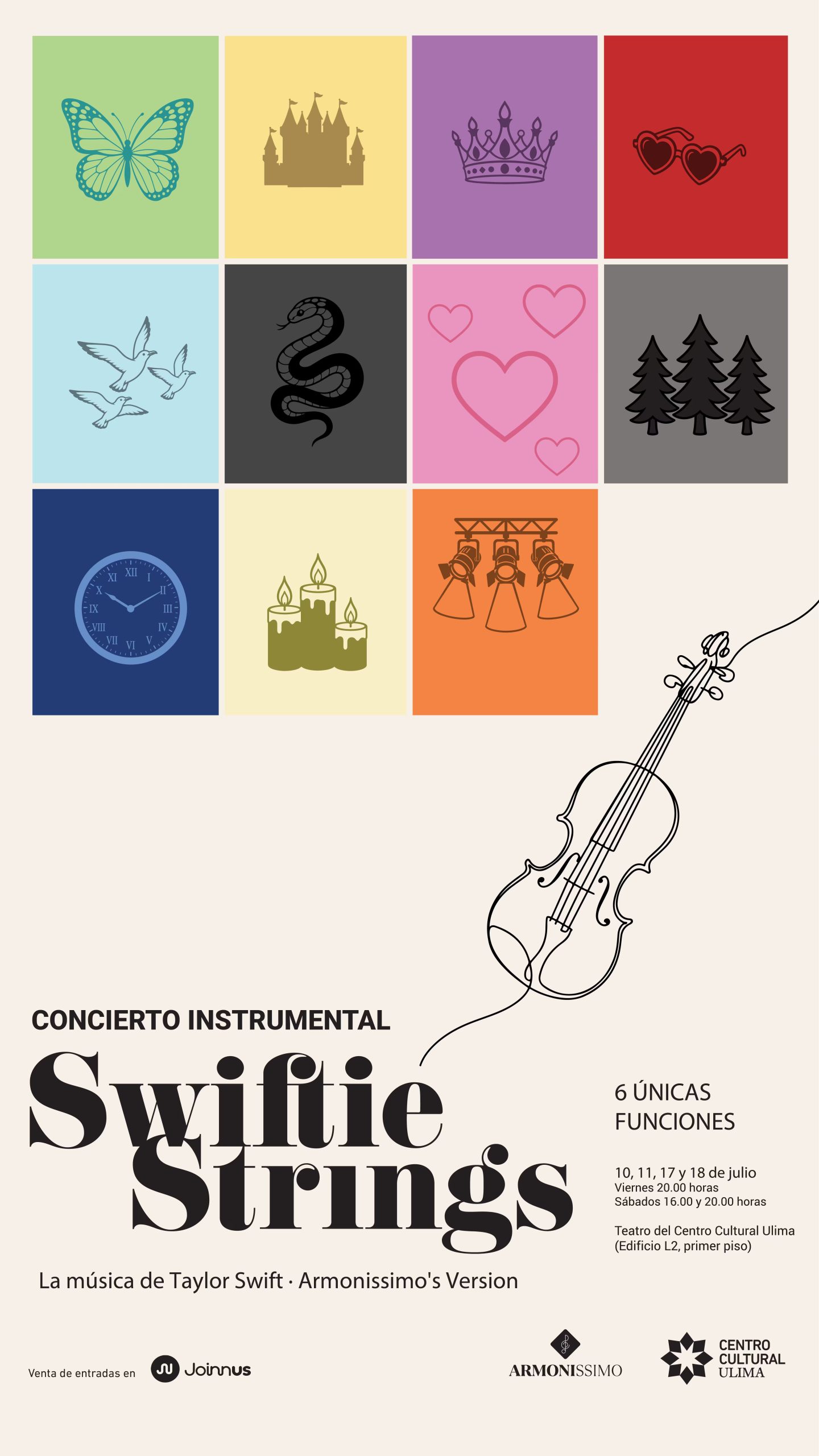 El cartel publicita el concierto instrumental Swiftie Strings, que rinde tributo a la música de Taylor Swift en el Centro Cultural Ulima de Lima, Perú, durante julio.