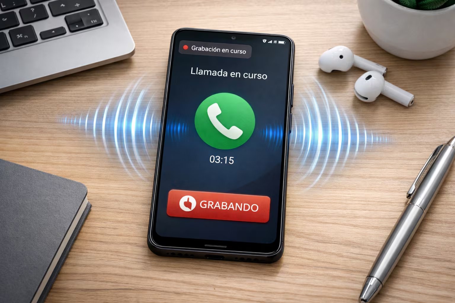 Un smartphone Android muestra la función de grabación activa durante una llamada en curso sobre una mesa. (Imagen Ilustrativa Infobae)