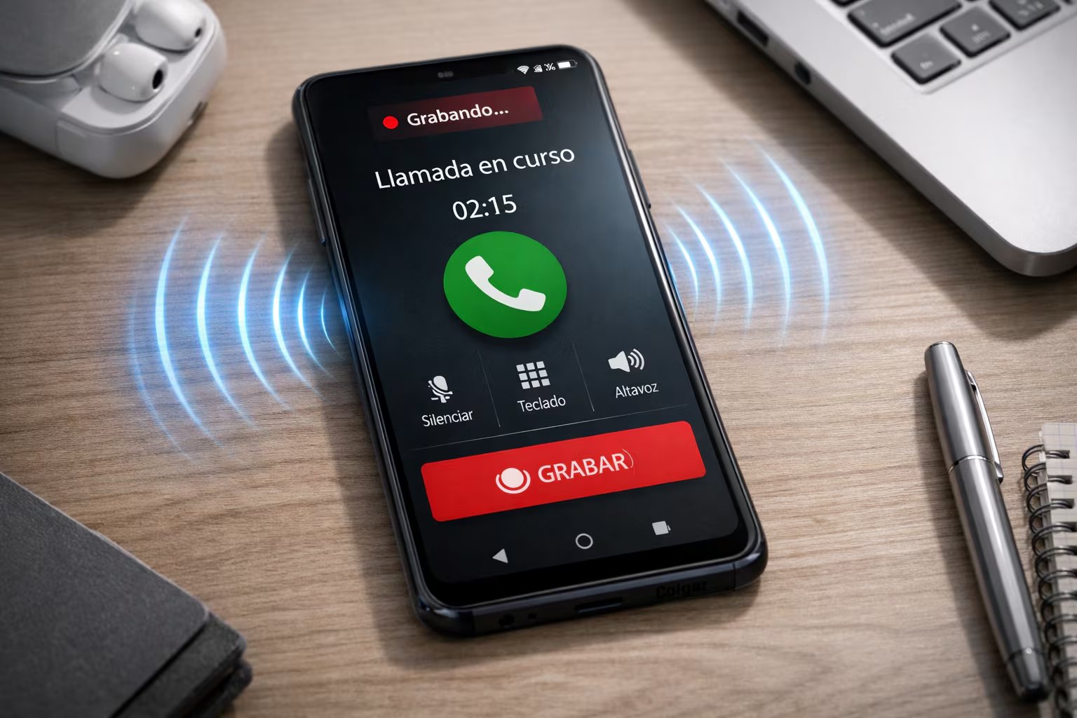 Un teléfono Android muestra una llamada en curso y la opción de grabar activada en un entorno tecnológico. (Imagen Ilustrativa Infobae)