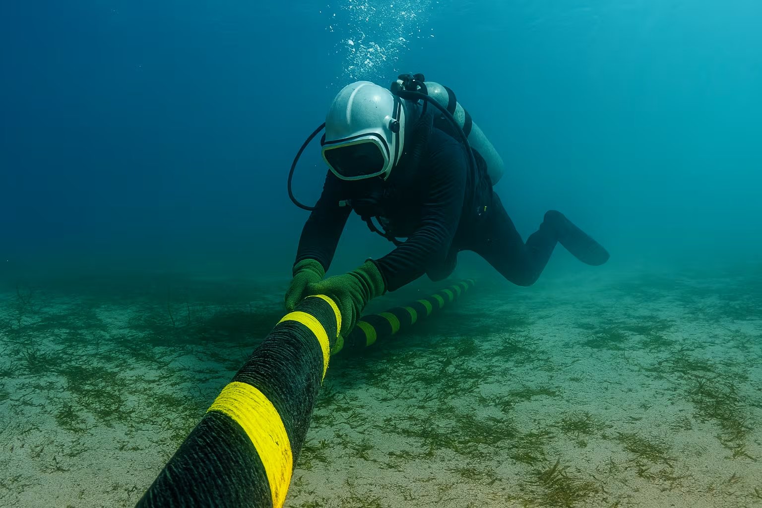 Un buzo trabaja sobre un cable submarino, la infraestructura que transporta cerca del 99% del tráfico mundial de internet, según cifras citadas en un reciente informe sobre ciberpoder. La logística de los cables submarinos no solo asegura la comunicación entre personas: constituye un pilar para el comercio internacional (Ilustración: Movant Connection).
