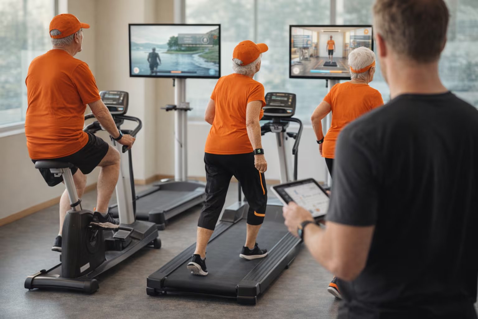 Adultos mayores utilizan equipo de gimnasio y dispositivos tecnológicos portátiles bajo la supervisión de un entrenador, promoviendo la actividad física y el bienestar en un entorno moderno. (Imagen Ilustrativa Infobae)