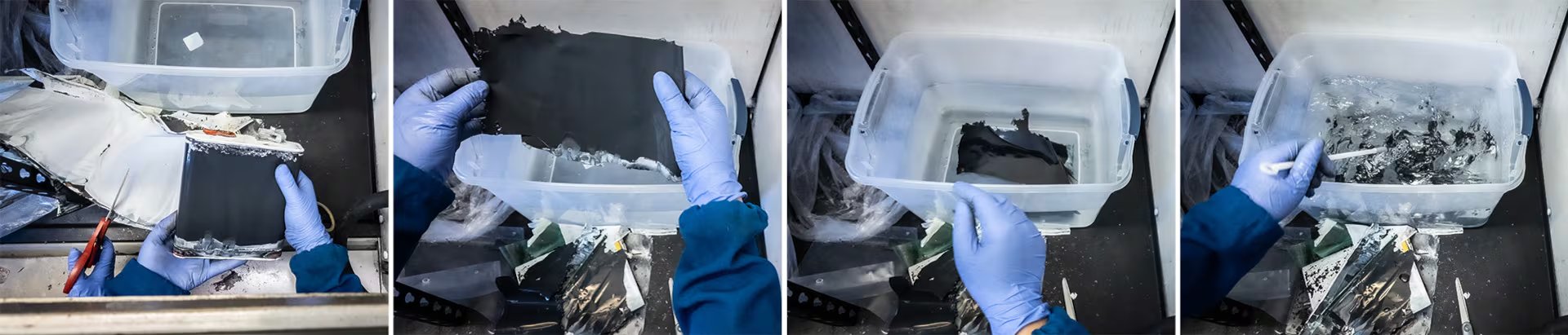 El contenido del paquete de baterías se desenrolla, se corta en láminas, se sumerge en agua y se remueve para recuperar el material catódico - Crédito: David Baillot/Escuela de Ingeniería Jacobs de la UC San Diego