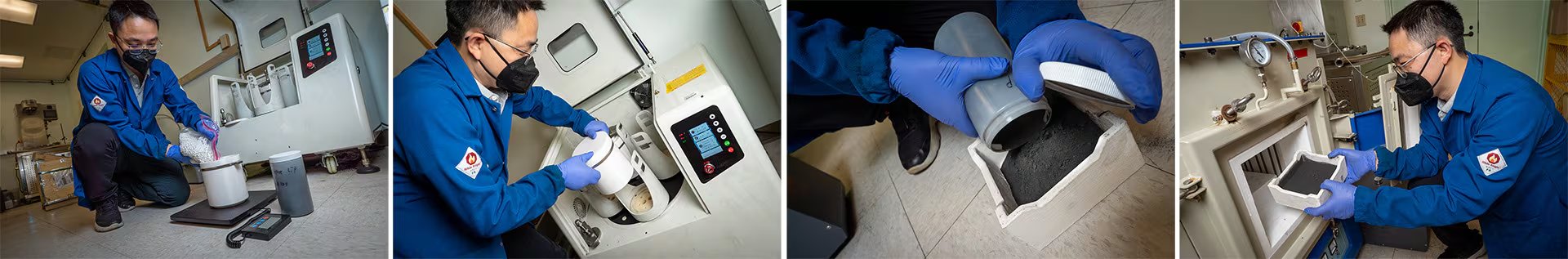 El polvo de LFP usado y sales se muele en un molino de bolas con circonia, se aísla y se lleva al horno para su transformación en LMFP - Crédito: David Baillot/Escuela de Ingeniería Jacobs de la UC San Diego.
