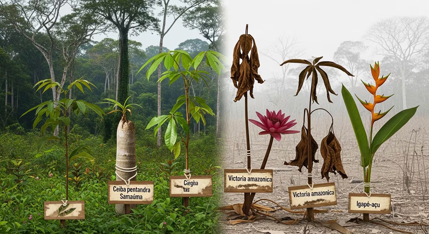 Una ilustración conceptual contrasta la exuberante selva amazónica con una zona degradada, mostrando el efecto sobre especies vegetales como la Ceiba pentandra y la Victoria amazonica (Imagen Ilustrativa Infobae)