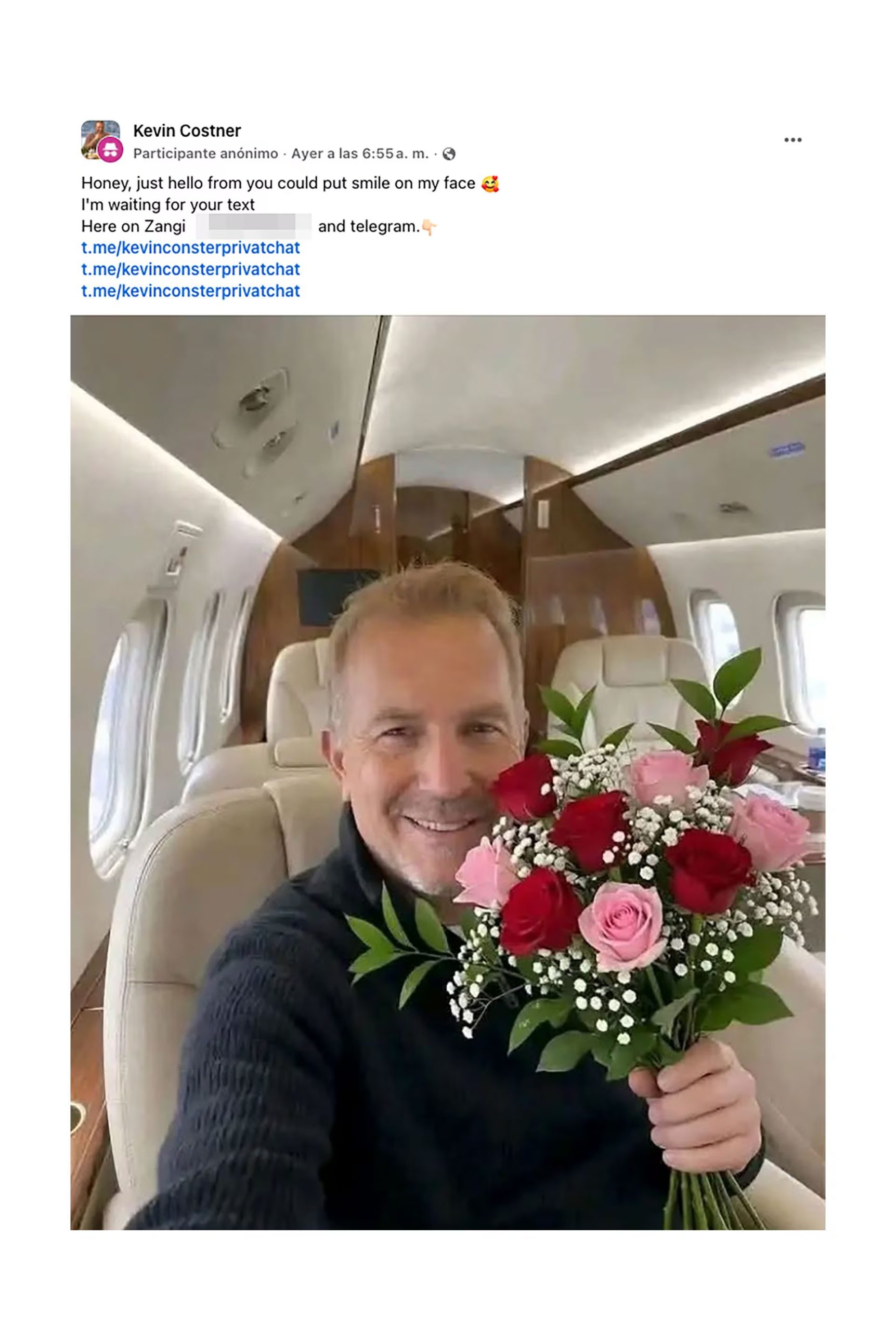Un mensaje reciente en Facebook que invita a usuarios a contactarse a través de redes como Zangi y Telegram