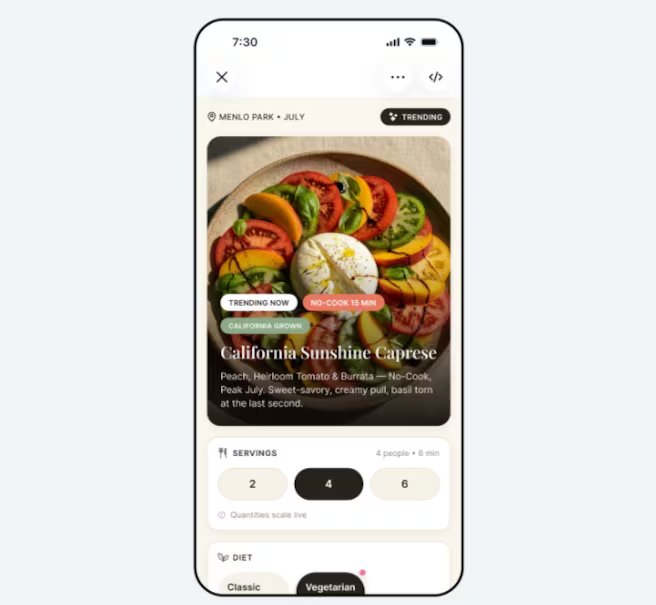 Para una cena de cumpleaños, Meta AI busca restaurantes y cruza disponibilidad en el calendario antes de sugerir opciones. (Meta)