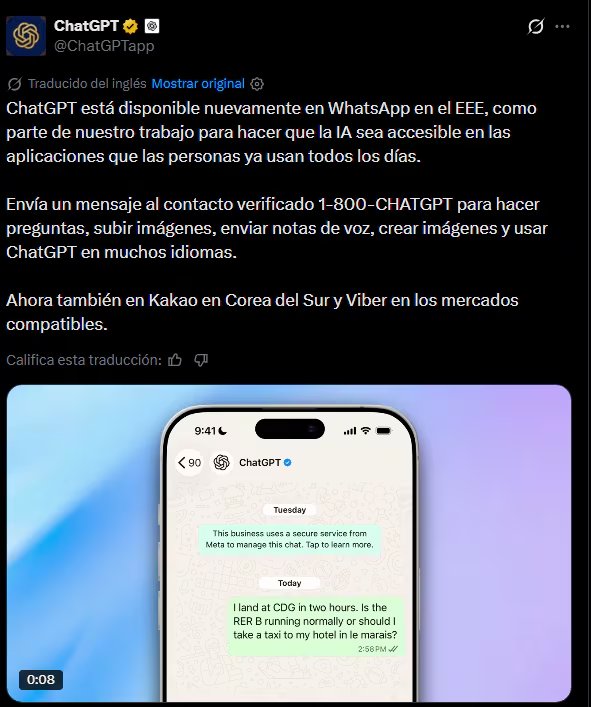 OpenAI anunció el regreso de ChatGPT a WhatsApp, pero solo en Europa.