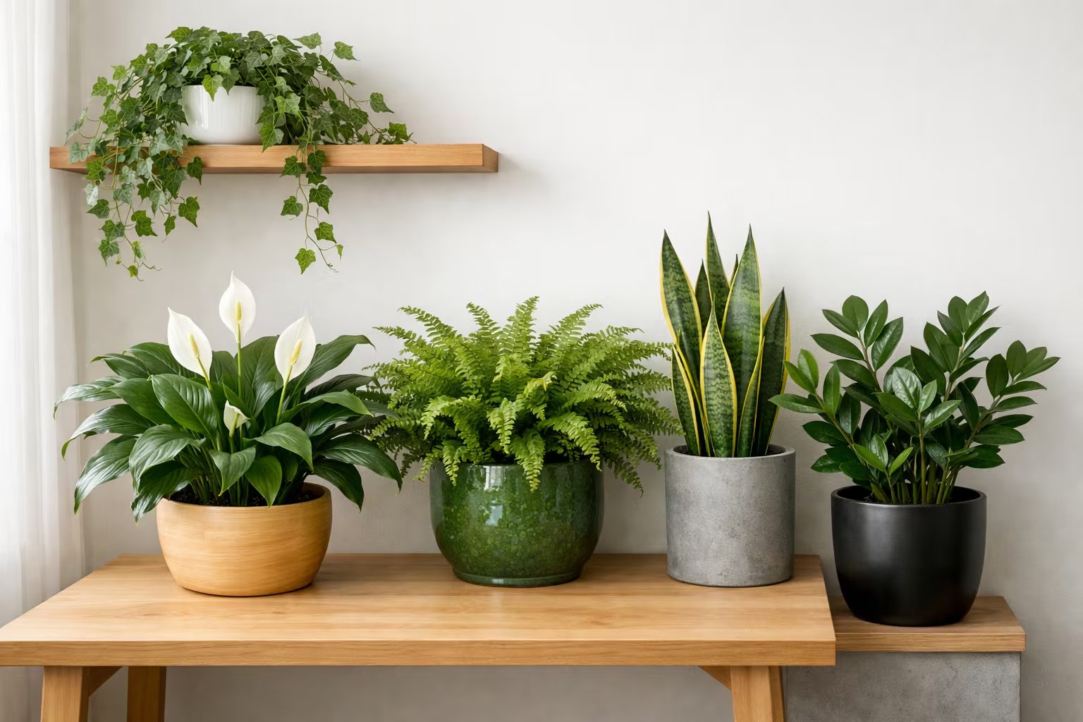 Un rincón de un hogar moderno exhibe cinco macetas de plantas de interior, incluyendo hiedra inglesa, lirio de la paz, helecho de Boston, lengua de suegra y zamioculca, con una pared blanca y luz natural. (Imagen Ilustrativa Infobae)