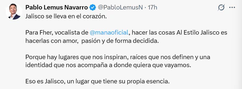 Una publicación en X de Pablo Lemus cita al cantante Fher Olvera para señalar la relación entre la identidad de Jalisco y el grupo Maná. (@PabloLemusN)