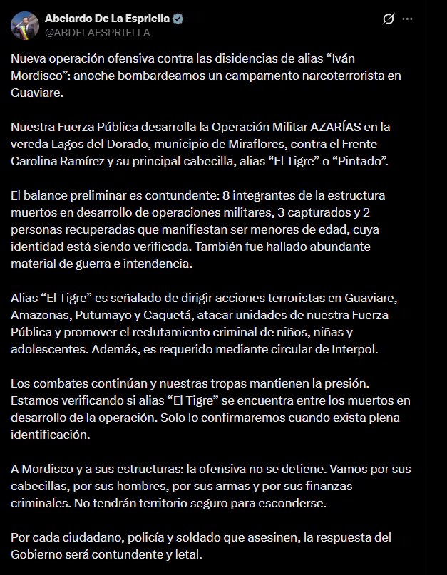 Abelardo de la Espriella señaló que alias El Tigre está acusado de ejecutar acciones terroristas en distintos departamentos del país y de atacar a la fuerza pública - crédito @ABDELAESPRIELLA/X